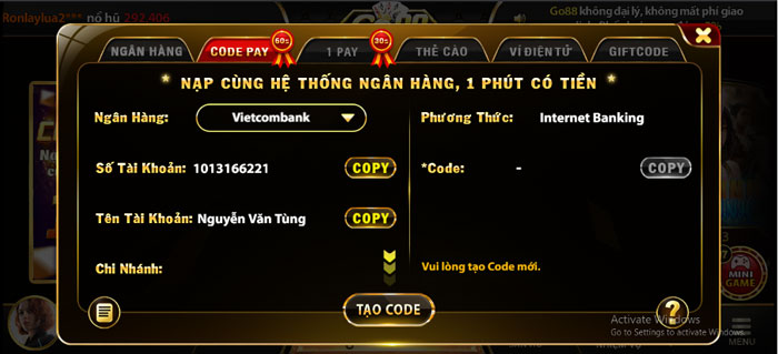Nạp tiền Go88 bằng code pay