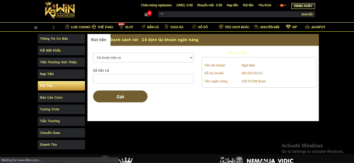 Cách nạp rút tiền tại K9 WIN siêu tốc độ, giao dịch gọn gàng và đơn giản